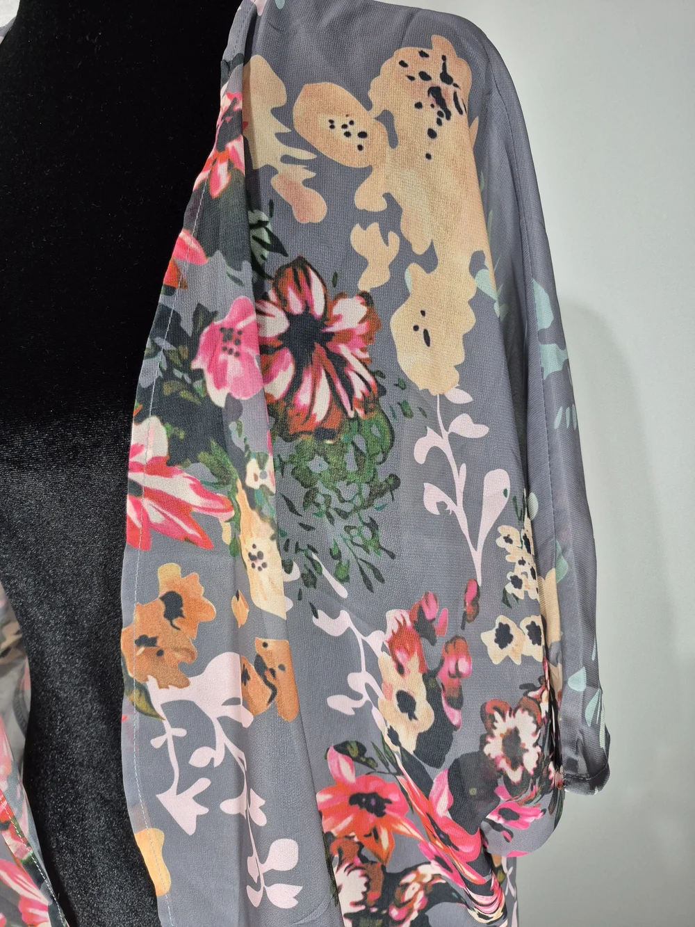 Gray Floral Sheer Kimono Cardigan Duster Cover Up Medium